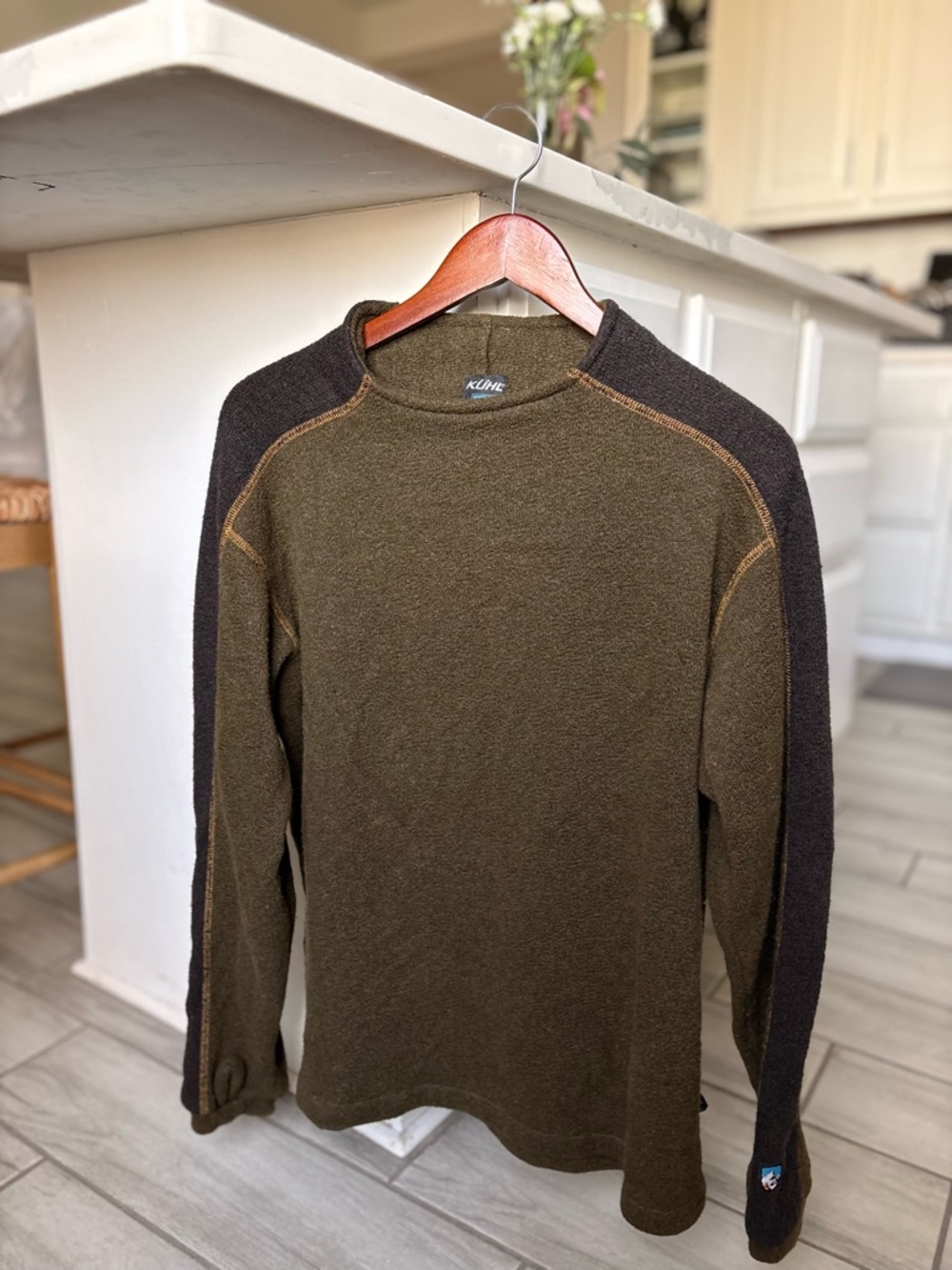 Kuhl Men's Crewneck Sweater in Olive Green with Dark Brown Sleeves